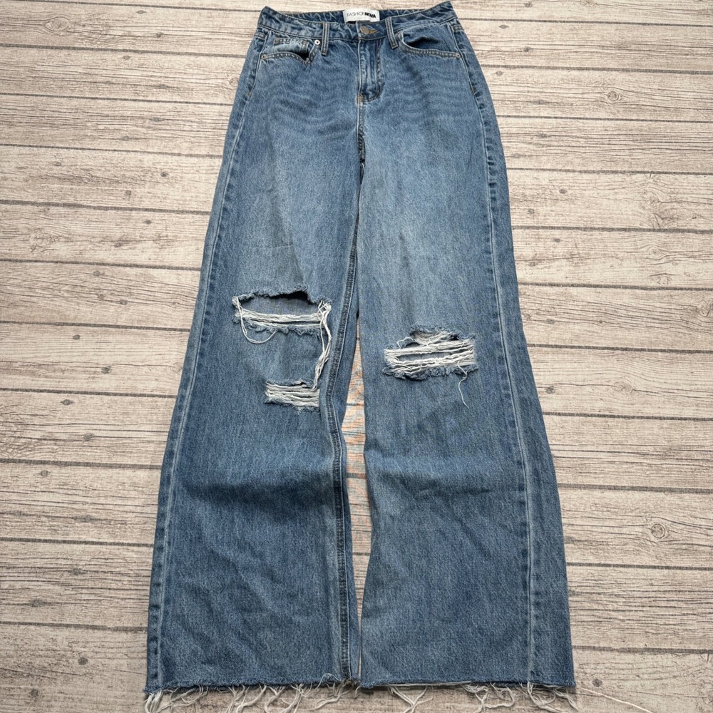 Y2K Fashion Nova Jeans Women's 1 Blue Denim High Rise Wide Leg Baggy Distressed